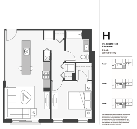 Floor plan for 1 bed, 1 bath, 746 sqft
